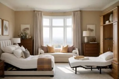 The image depicts a tranquil bedroom in a Winnipeg home, showcasing a modern adjustable bed and a Murphy bed adorned with plush pillows and soft sheets.