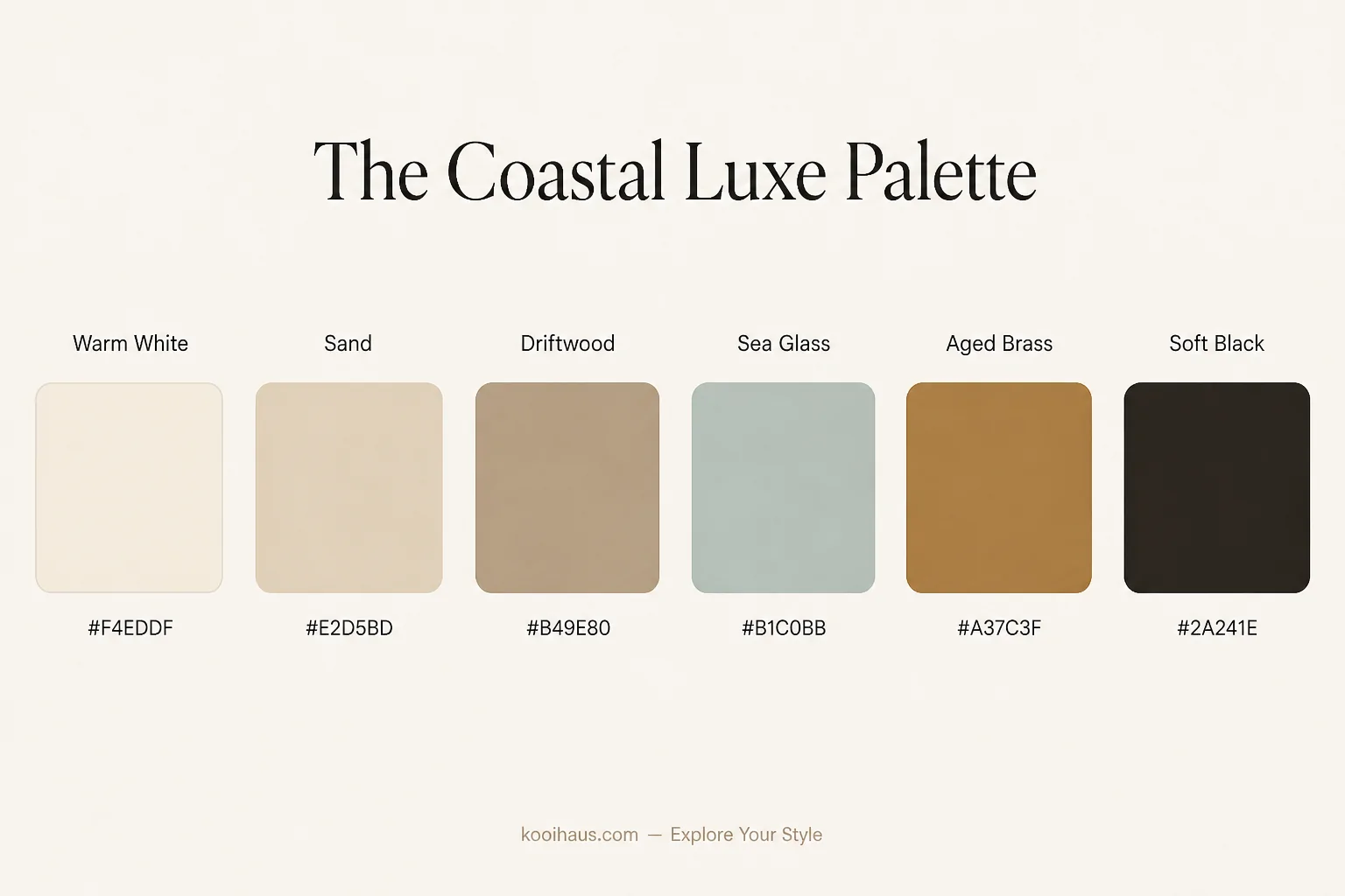 The Coastal Luxe Palette — color palette infographic for coastal luxe interior design on Kooihaus
