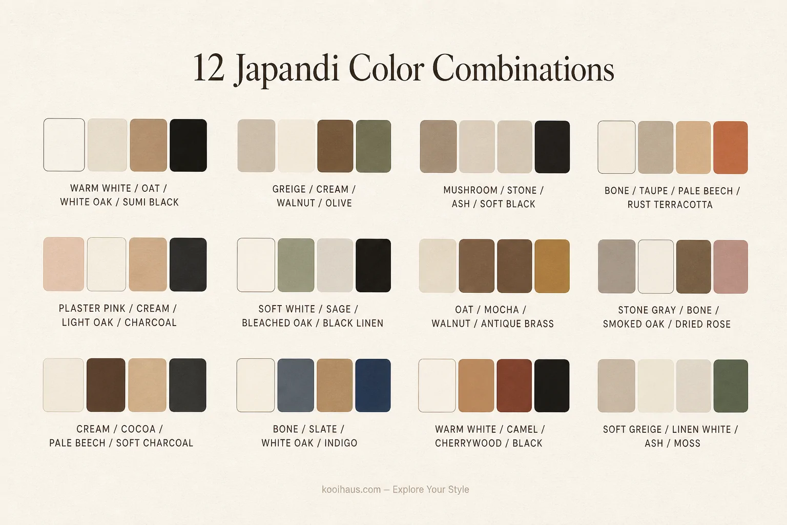 12 Japandi Color Combinations — color palette infographic for japandi color palette on Kooihaus