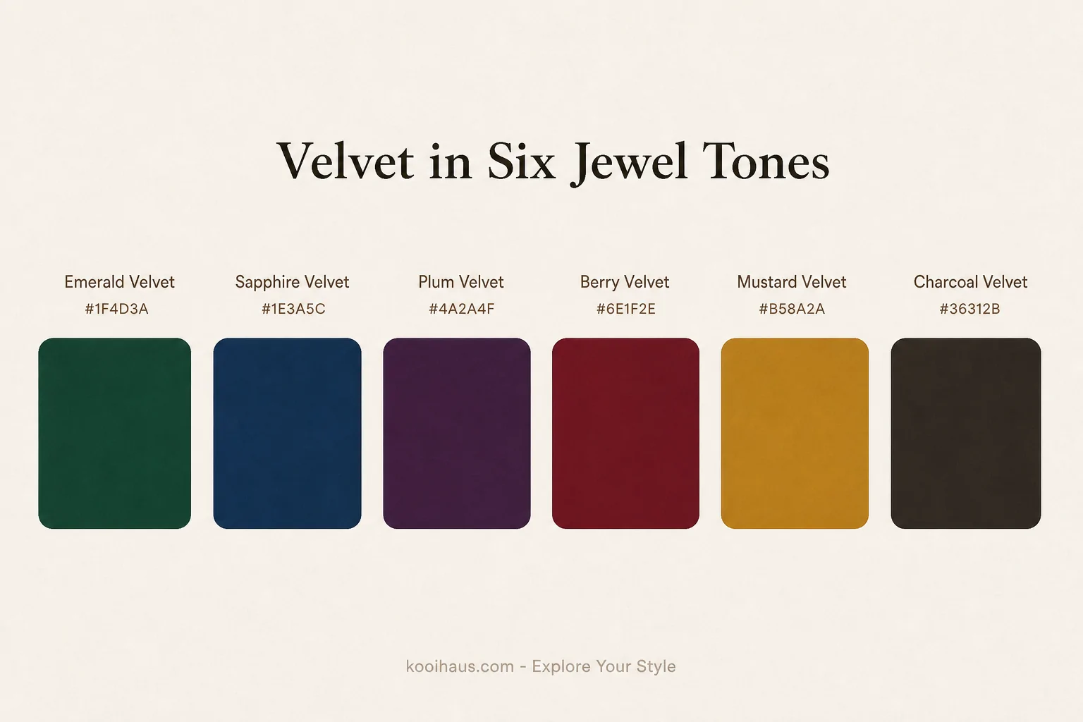 Velvet in Six Jewel Tones — color palette infographic for velvet furniture on Kooihaus