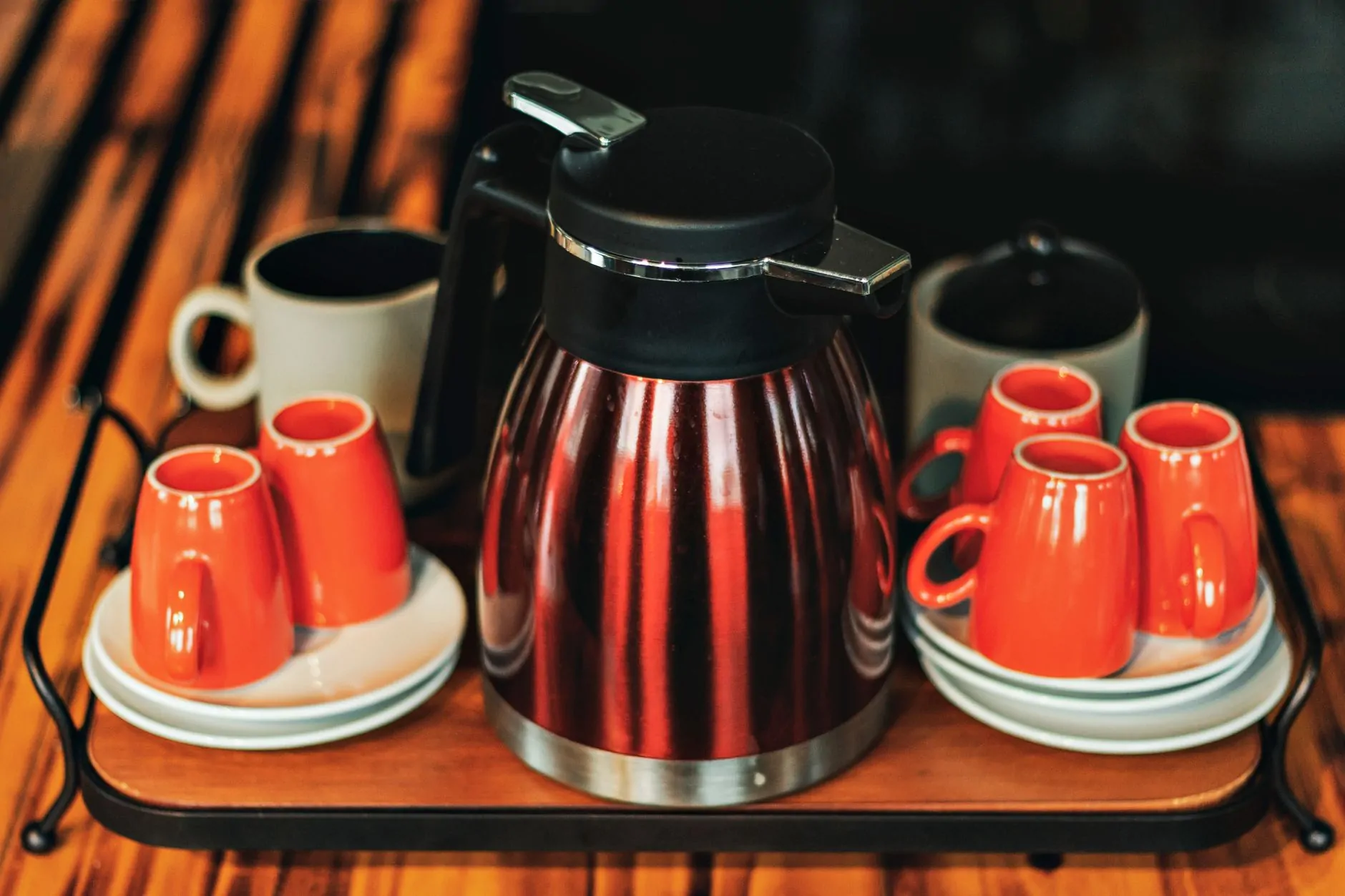 Coffee tray with mugs arranged for a home coffee corner