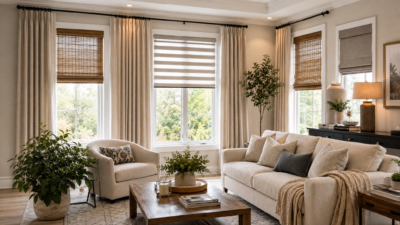 Elegant window treatments in a bright neutral living room