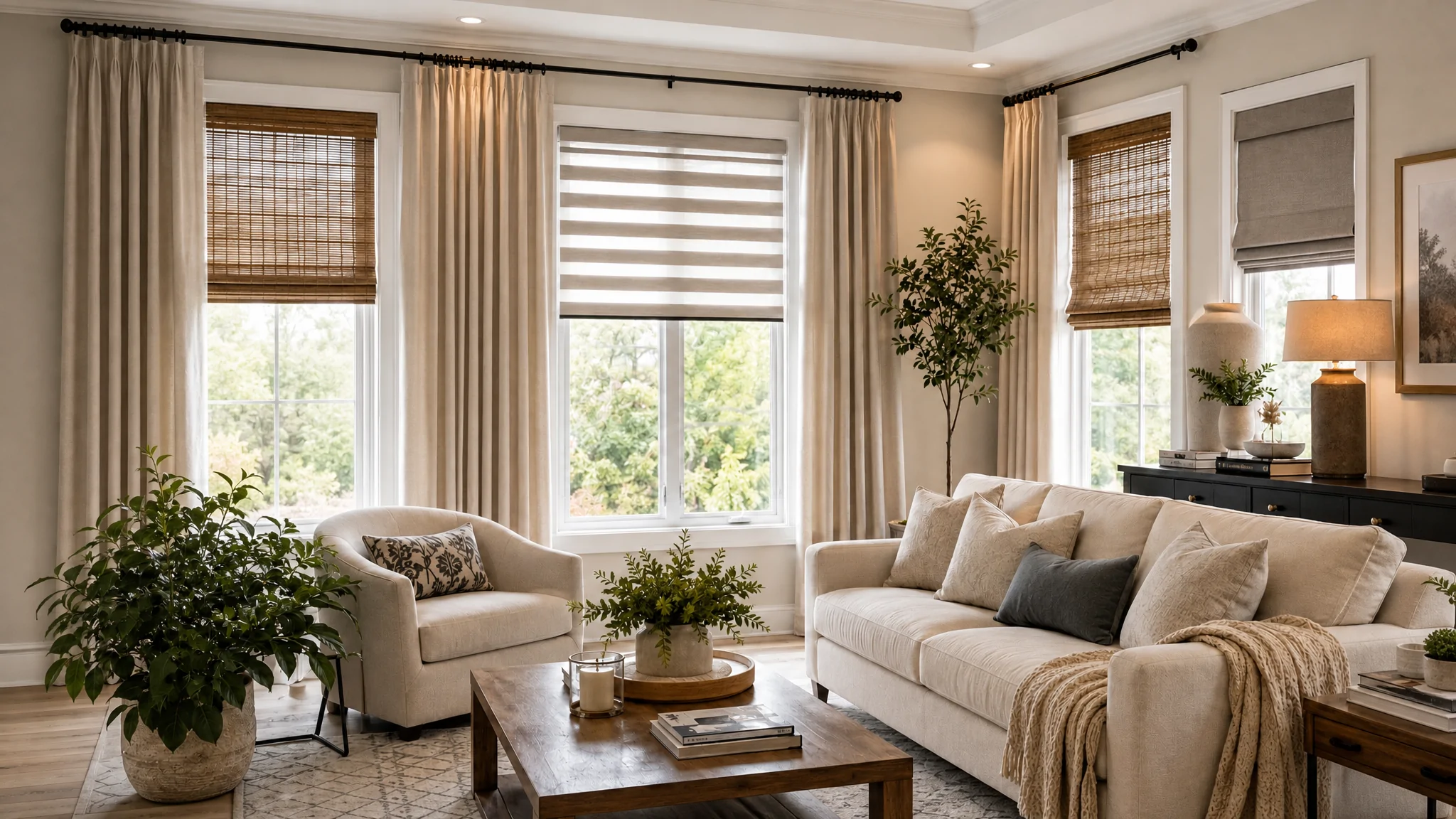 Elegant window treatments in a bright neutral living room