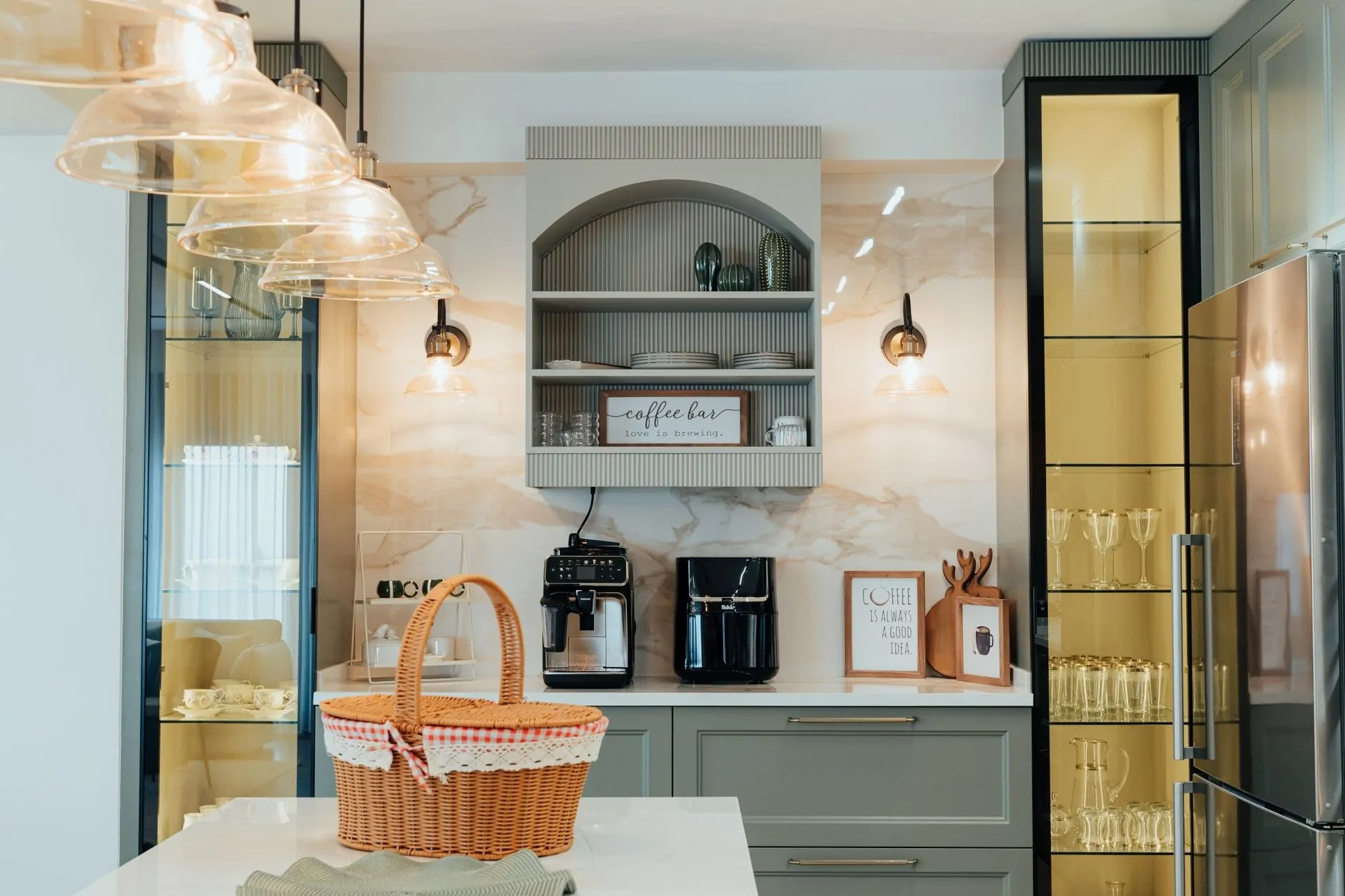 Built-in kitchen coffee station with appliances in a dedicated cabinet zone