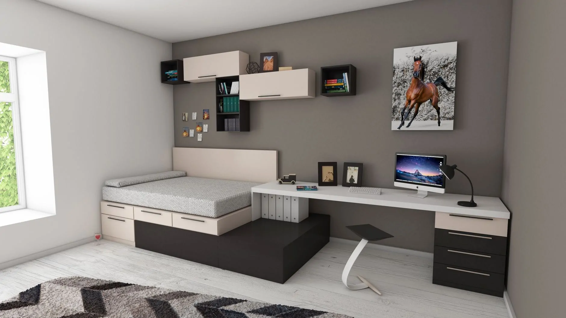Compact room combining a bed and a dedicated desk workspace