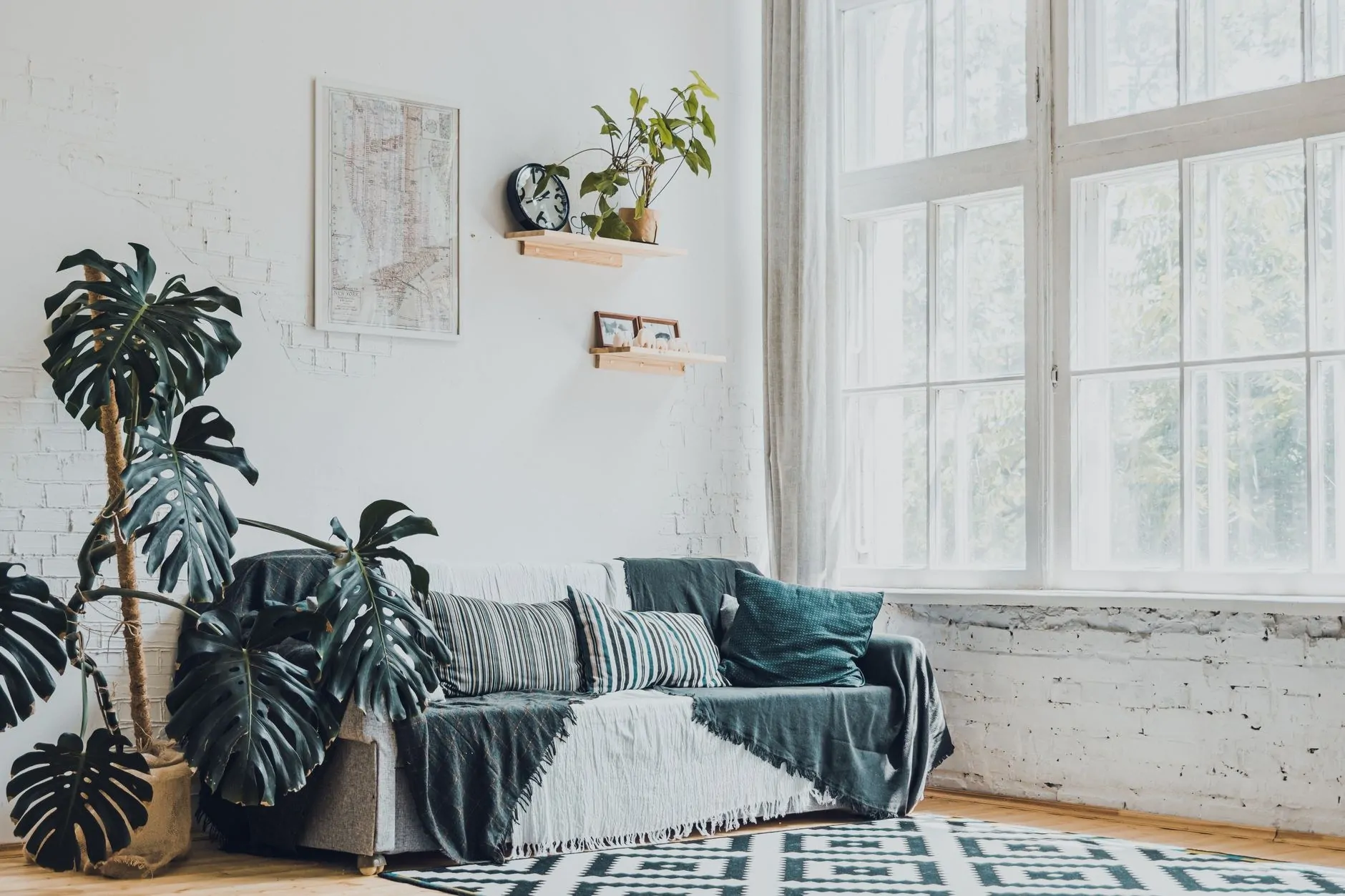 Textured throw blanket in a bright Scandinavian living room