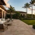 Warm-toned paver patio connecting a covered outdoor seating area with a tropical garden
