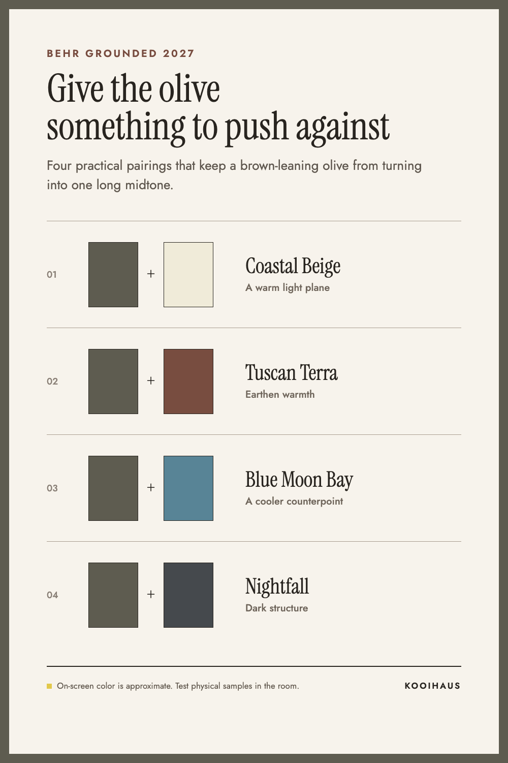 Four practical color pairings for Behr Grounded with warm cream, terracotta, dusty blue, and charcoal