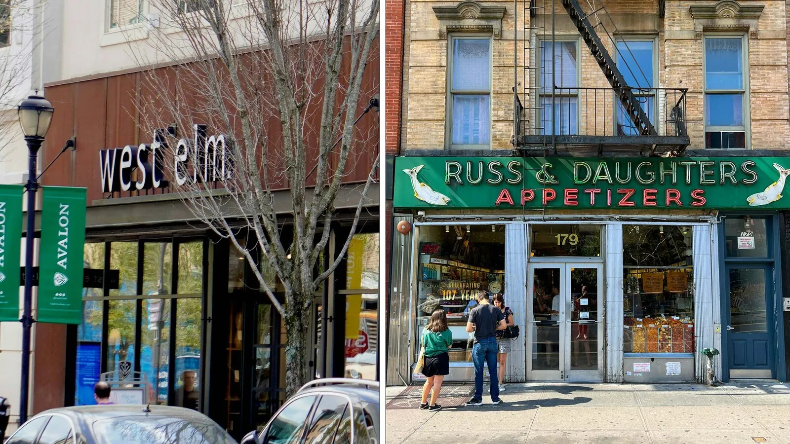 West Elm and Russ & Daughters storefronts shown side by side.