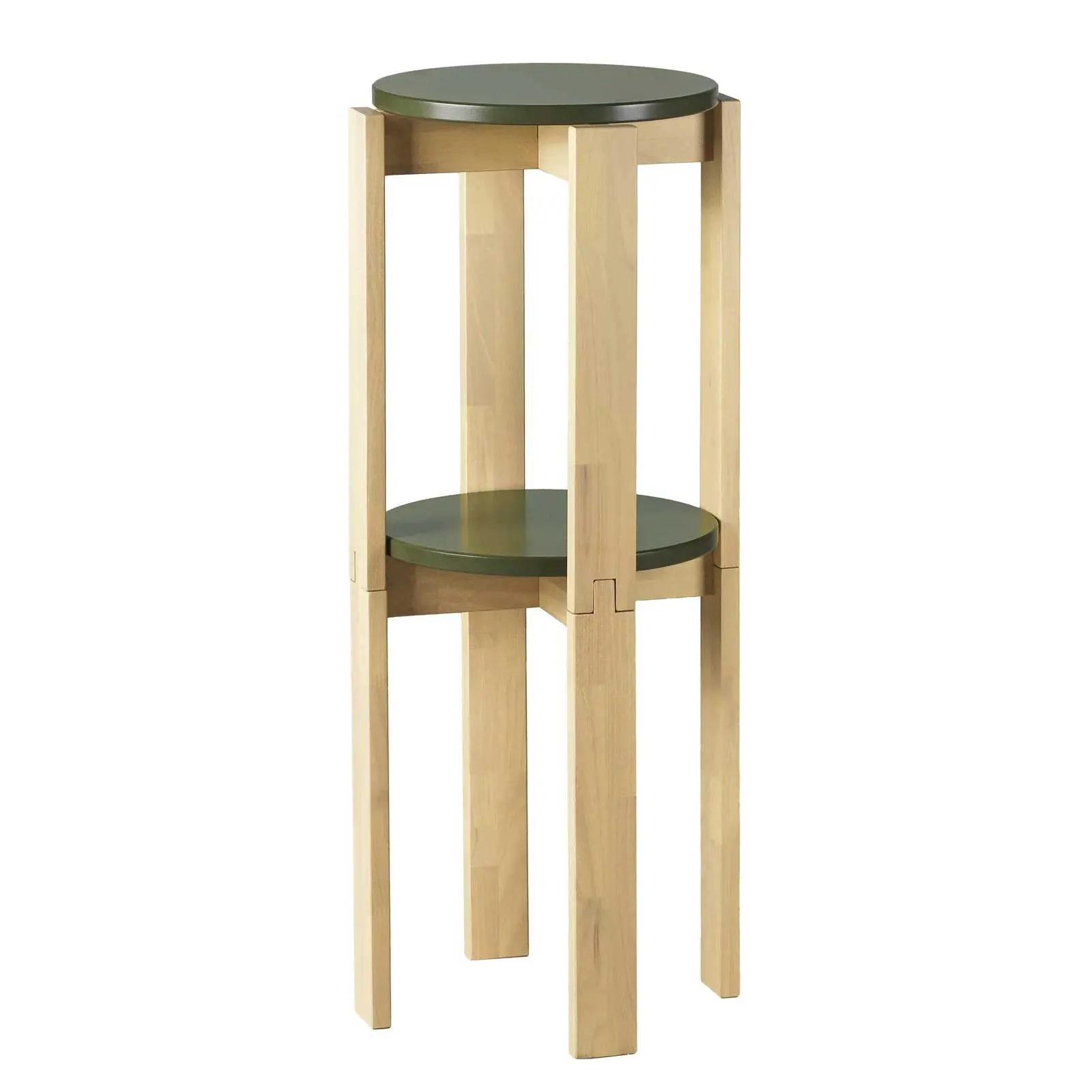 Studio product view of two IKEA KOMPISHÄNG stools locked together into a two-tier pedestal
