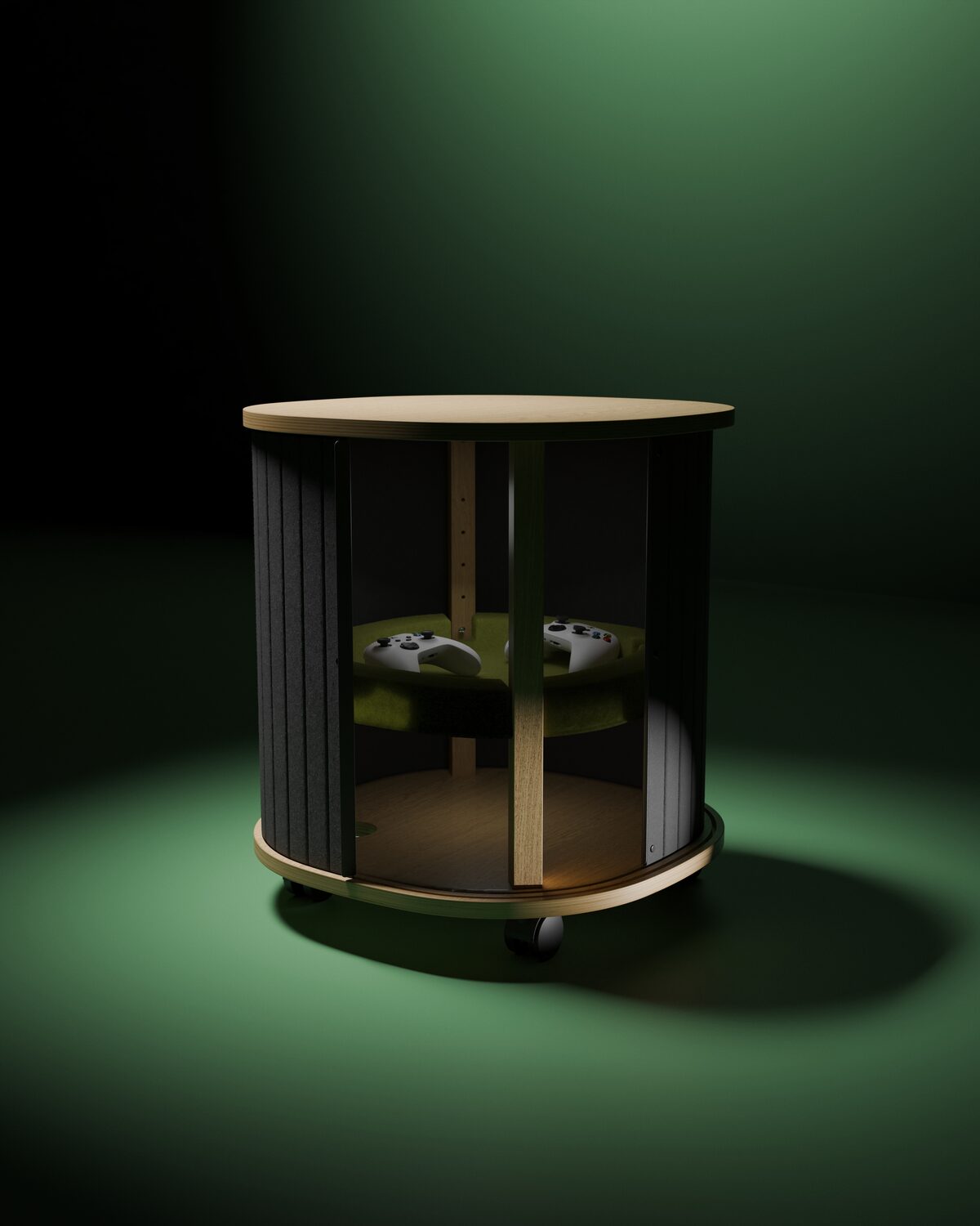 A round gaming side table on castors with integrated storage and space for controllers inside