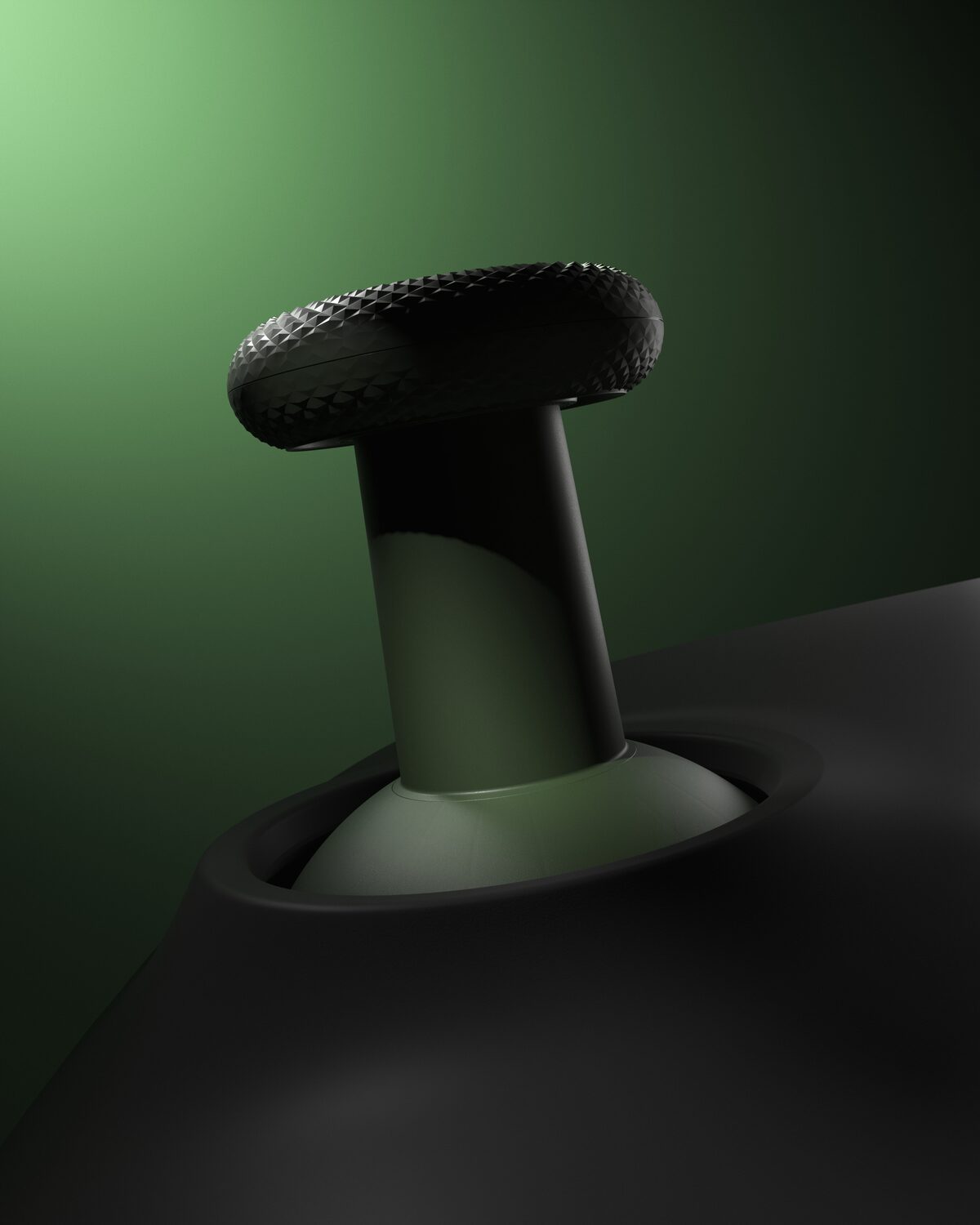 A black stool inspired by an Xbox controller thumbstick, with a textured seat and rounded base