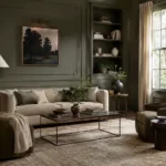 Olive-green living room with cream sofa, dark wood tables, built-in shelving, and large windows; Kooihaus illustrative image, not official Behr photography