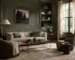 Olive-green living room with cream sofa, dark wood tables, built-in shelving, and large windows; Kooihaus illustrative image, not official Behr photography