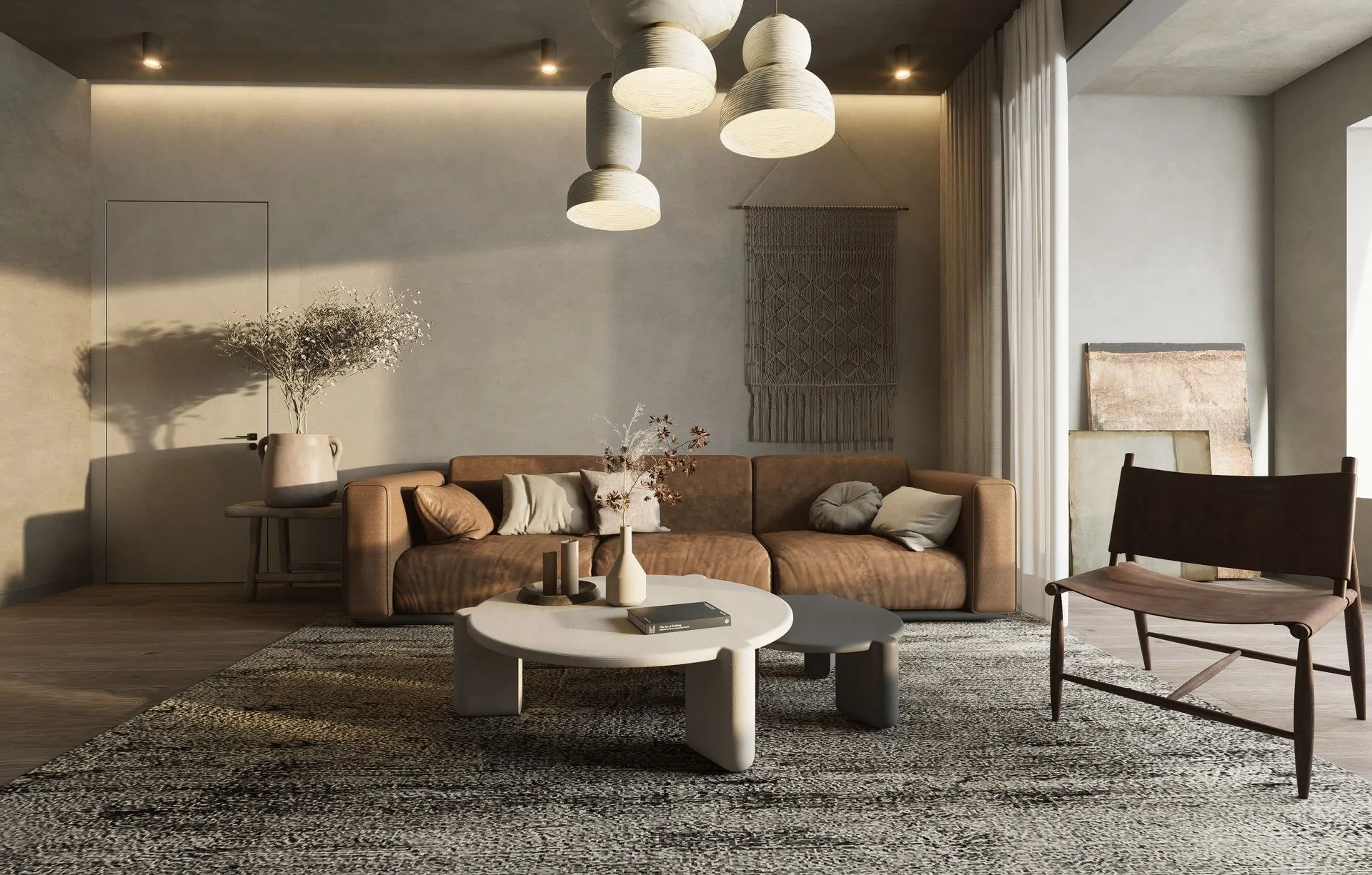 A warm wabi-sabi living room with a tan leather sofa and greige plaster walls in soft daylight