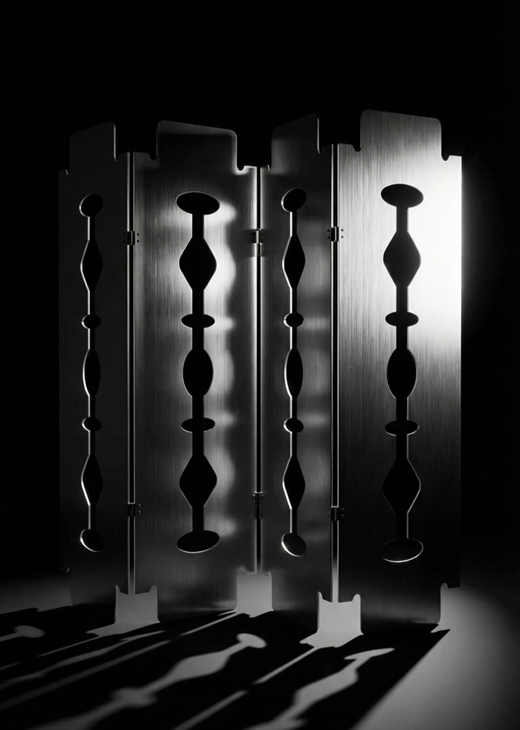 Studio Iron Kouros Cut Divider photographed against a dark background