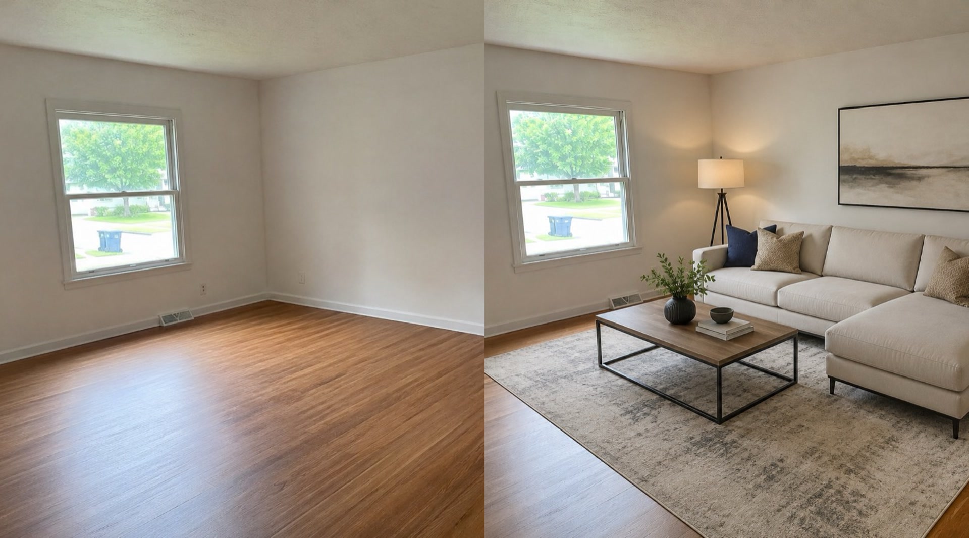 An empty rental living room beside an AI-staged version with a sofa, rug, coffee table and lighting