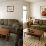 A furnished rental living room beside an AI restyle with a green sofa, new rug and updated wall art