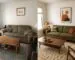 A furnished rental living room beside an AI restyle with a green sofa, new rug and updated wall art