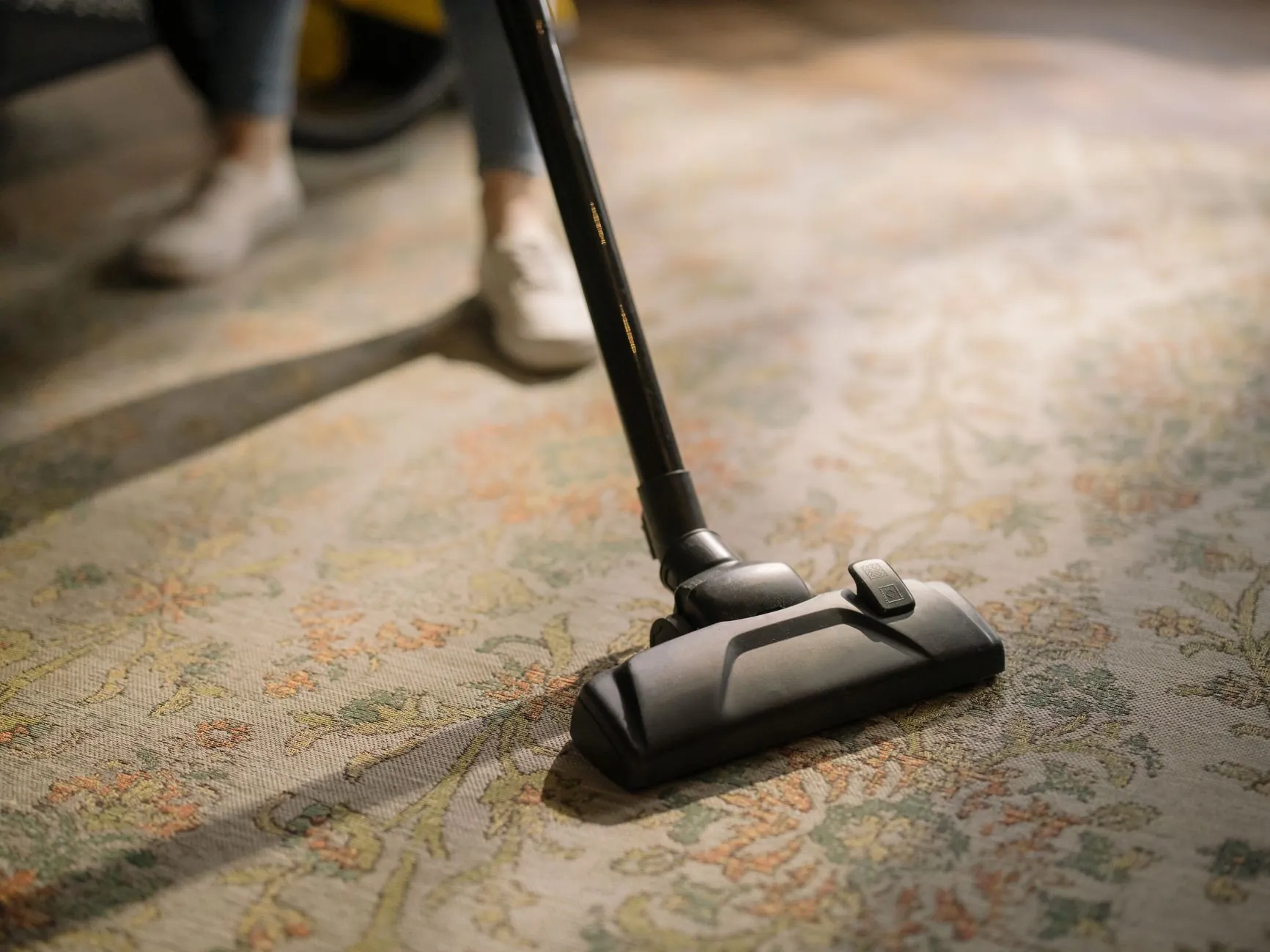Vacuum cleaner moving across a patterned area rug