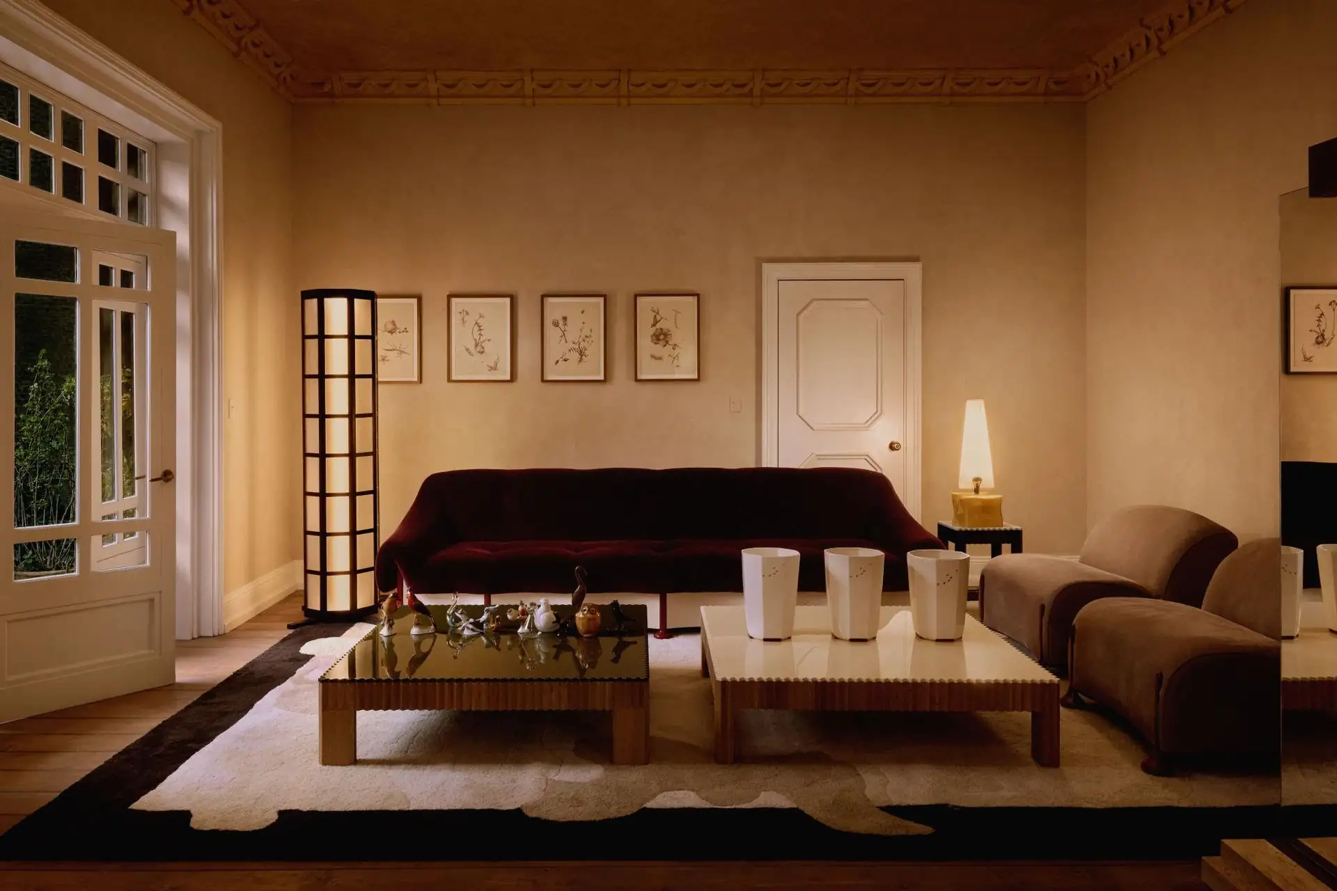 Baisi Guadagnino for Zara Home campaign room with sofa, armchairs, tables and sculptural lighting
