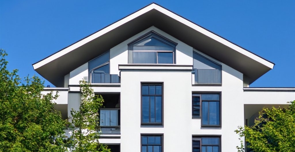 Modern house exterior with large custom-shaped windows