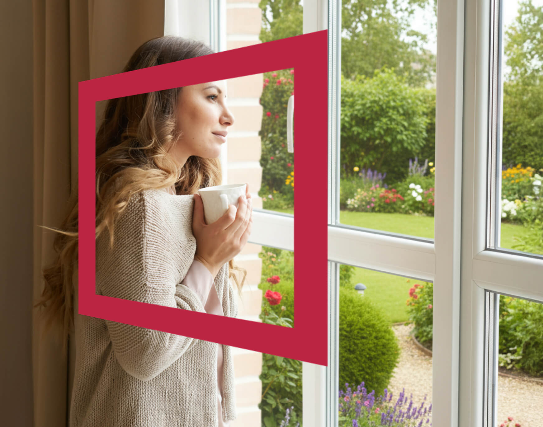 Woman enjoying daylight beside a large white-framed window