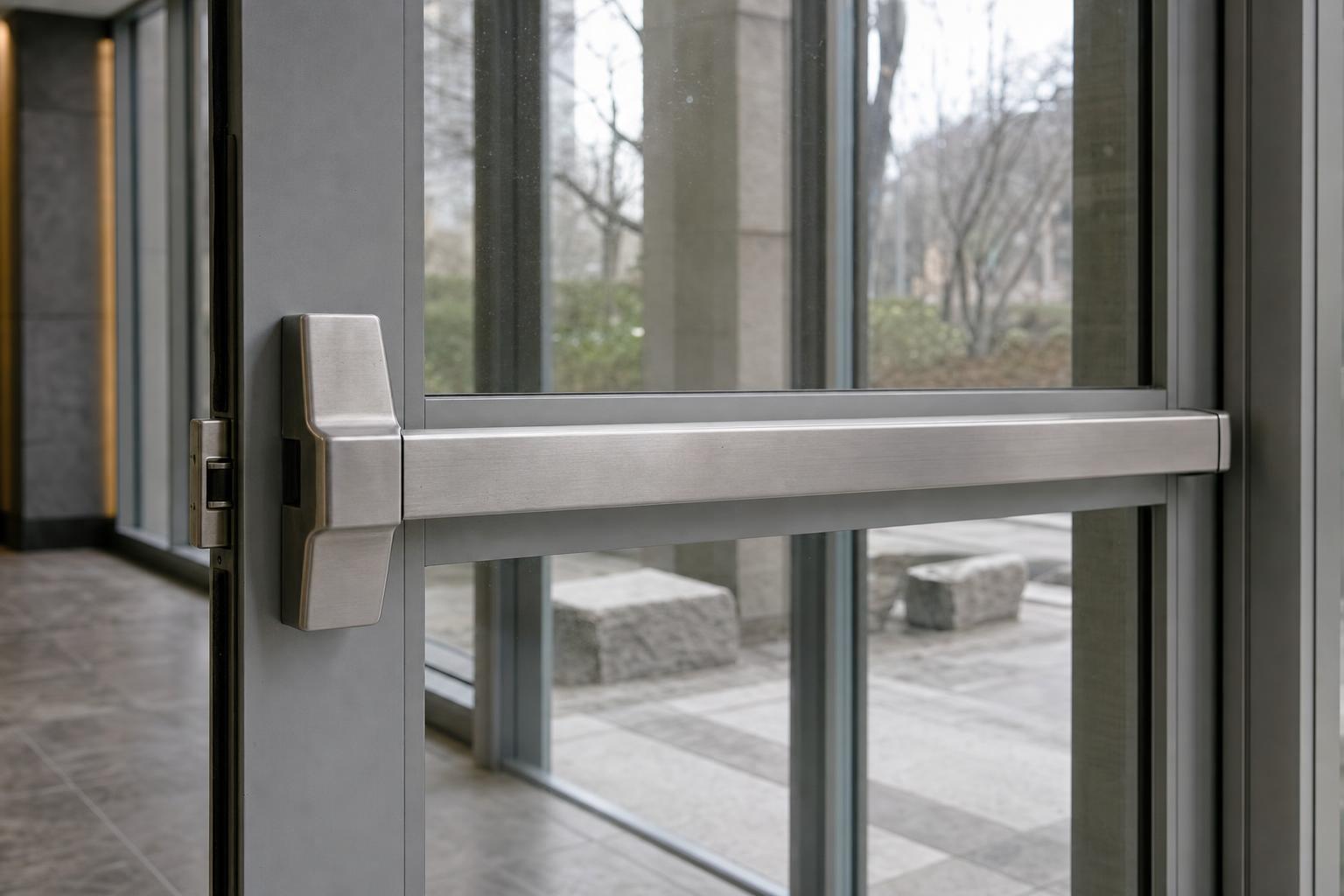 Stainless steel rim panic bar on a glazed commercial exit door