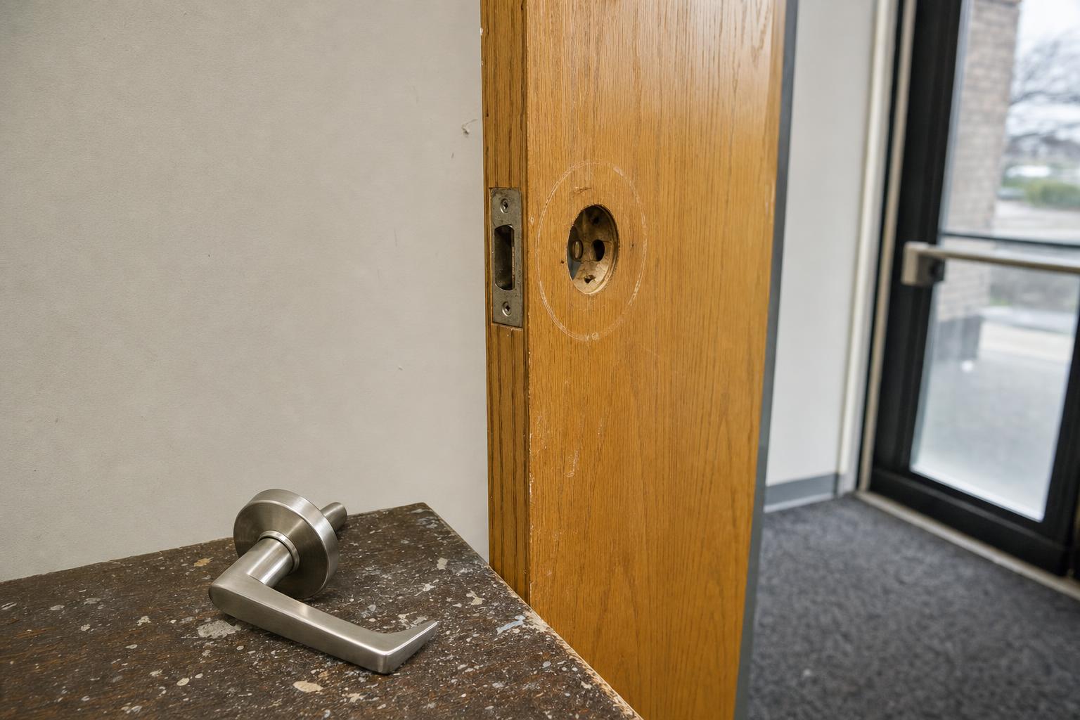 Office door prepared for replacement lever hardware